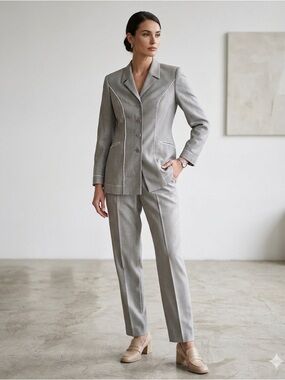 VTG Escada Margaretha Ley Guabello Wool Gray Pant Suit Contrast Trim Sz 36 & 38